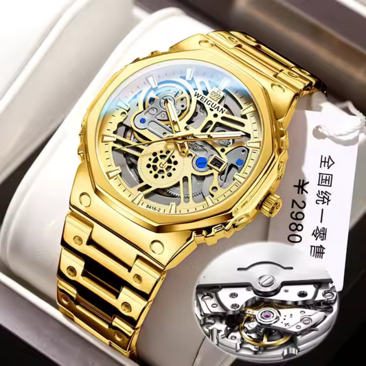 Premium Quality Gold Skeleton Dial Watch Automatic Date Just